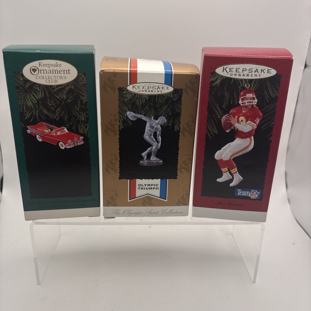 Vtg~Lot of 3~Hallmark Ornaments~Joe Montana/1958 Ford/The Olympic Triumph